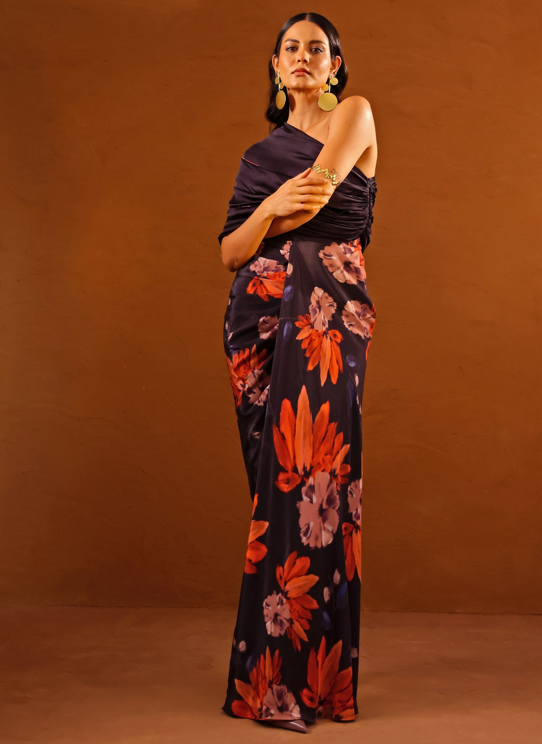 Violet Printed Crepe One Shoulder Gown
