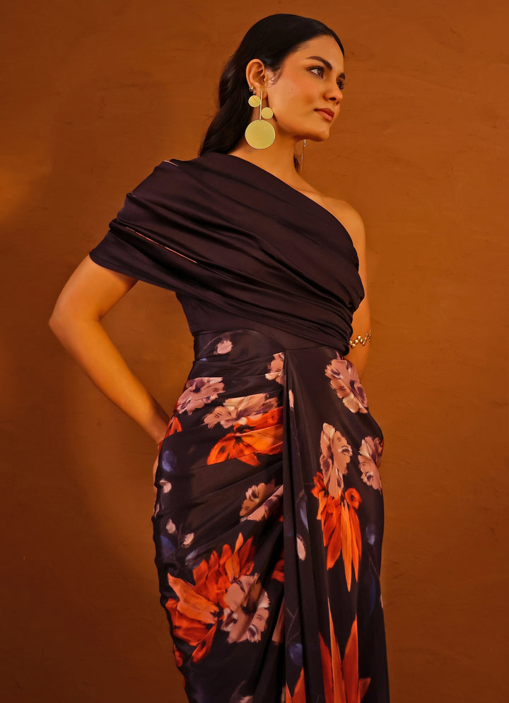 Violet Printed Crepe One Shoulder Gown