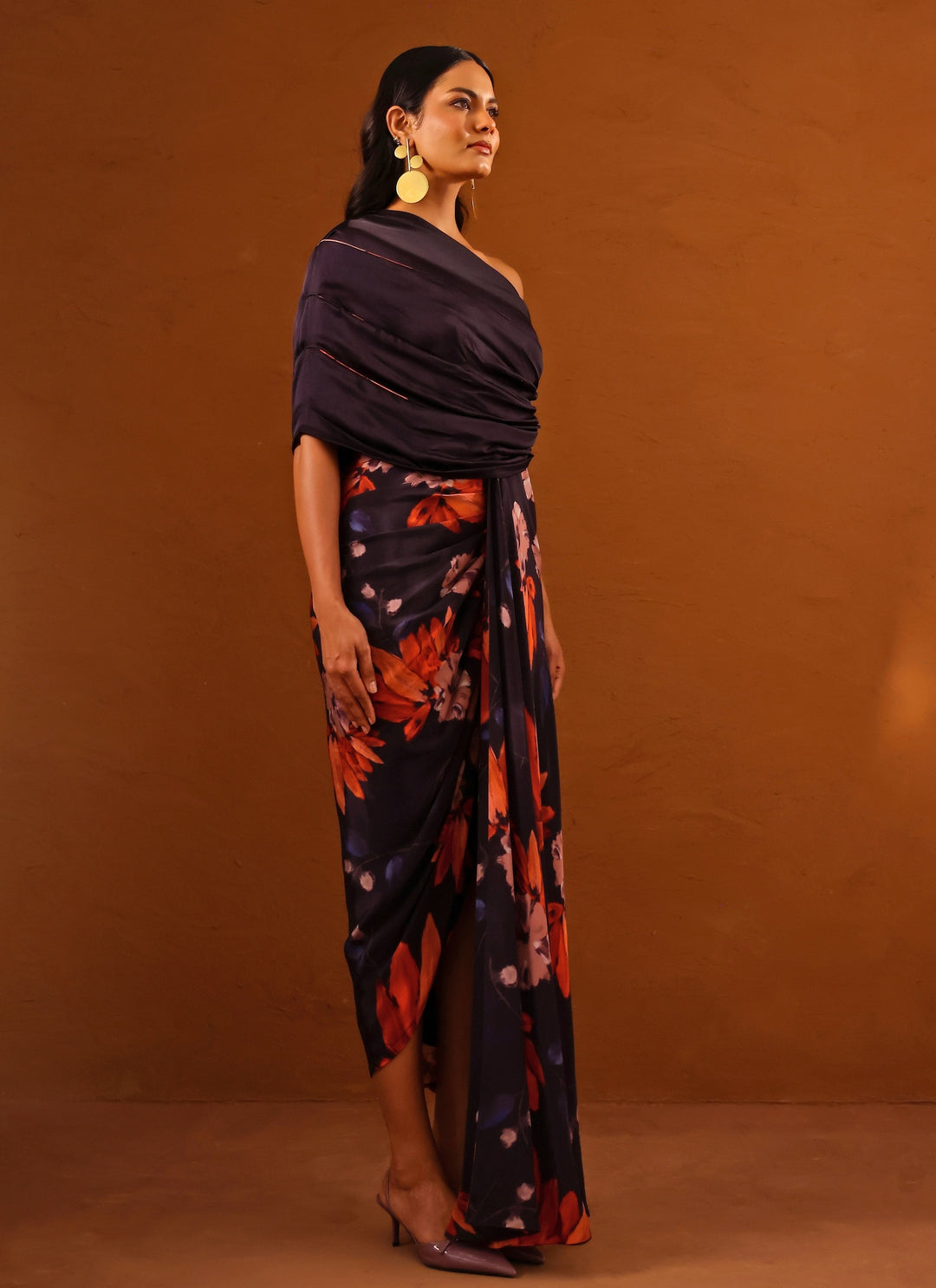 Violet Printed Crepe One Shoulder Gown