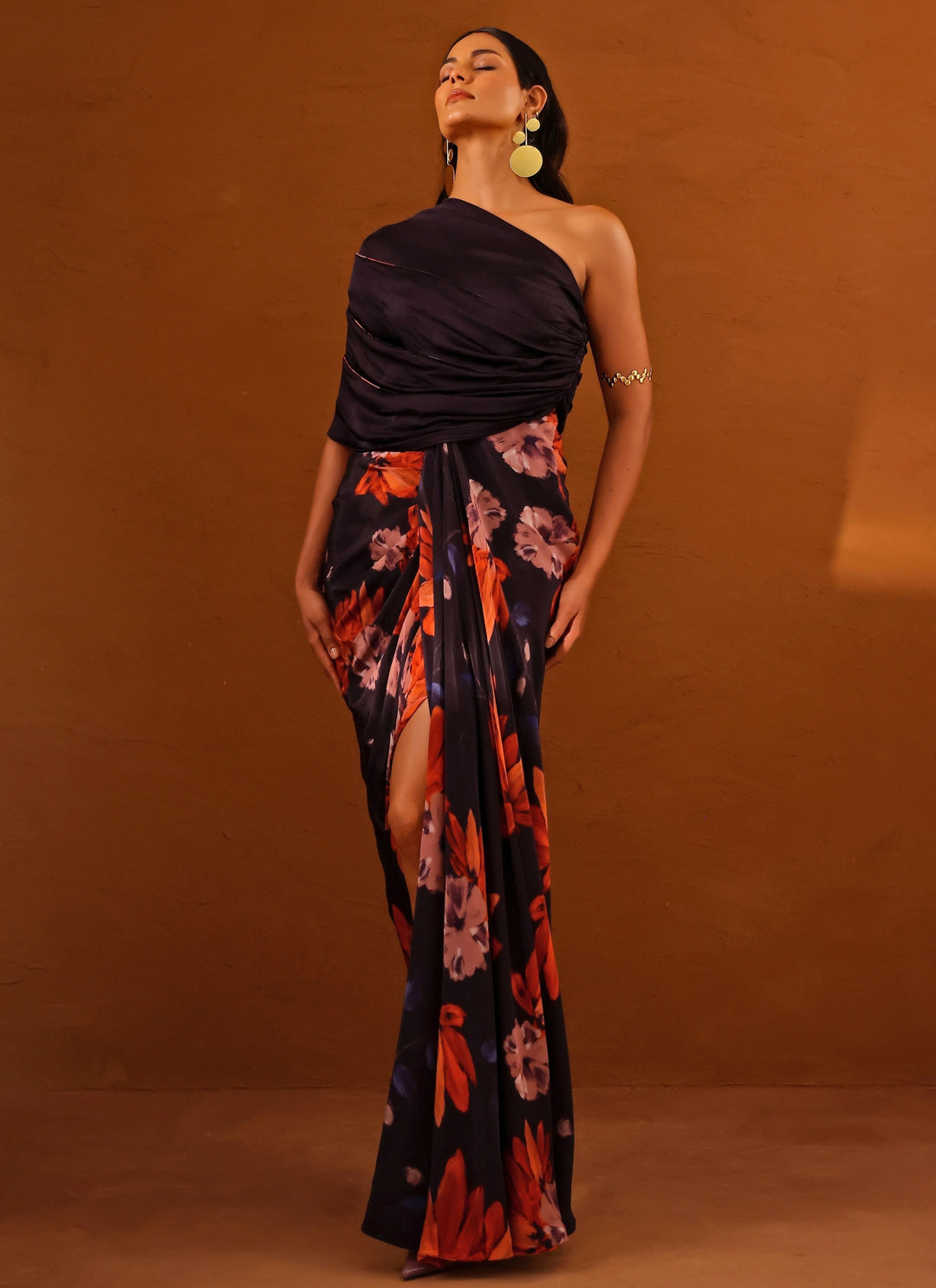Violet Printed Crepe One Shoulder Gown