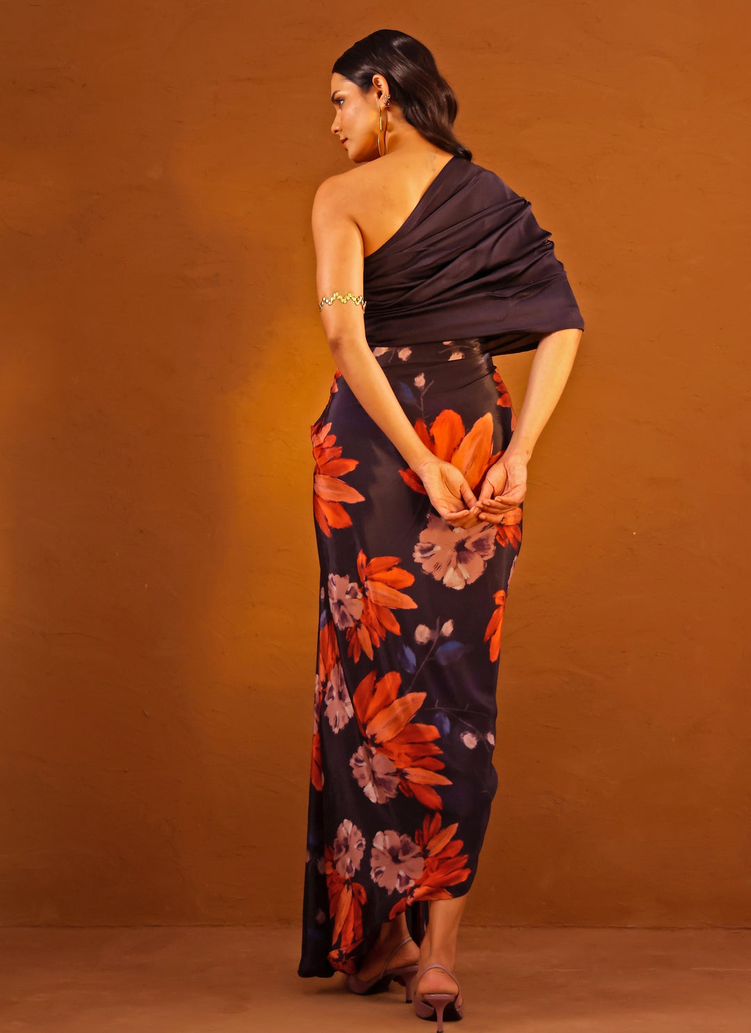 Violet Printed Crepe One Shoulder Gown