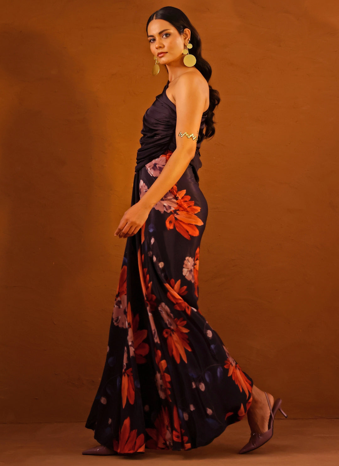 Violet Printed Crepe One Shoulder Gown