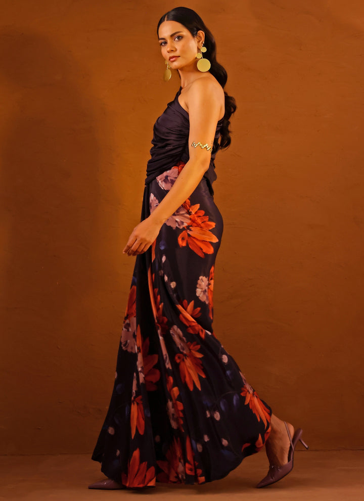 Violet Printed Crepe One Shoulder Gown