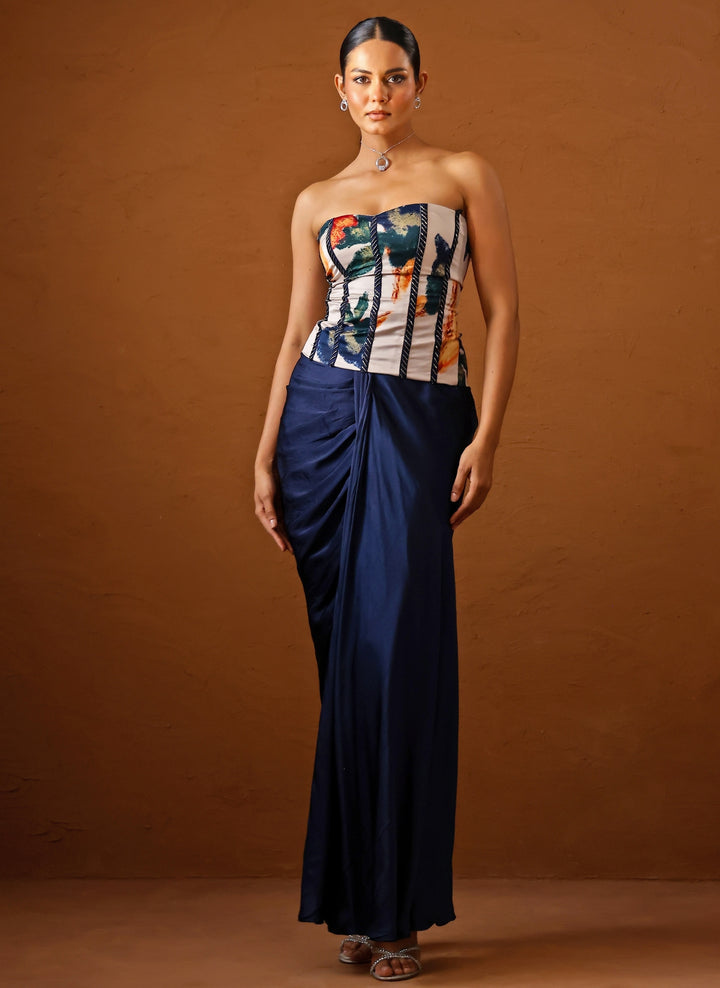 Ivory And Blue Satin Skirt Set With Corset