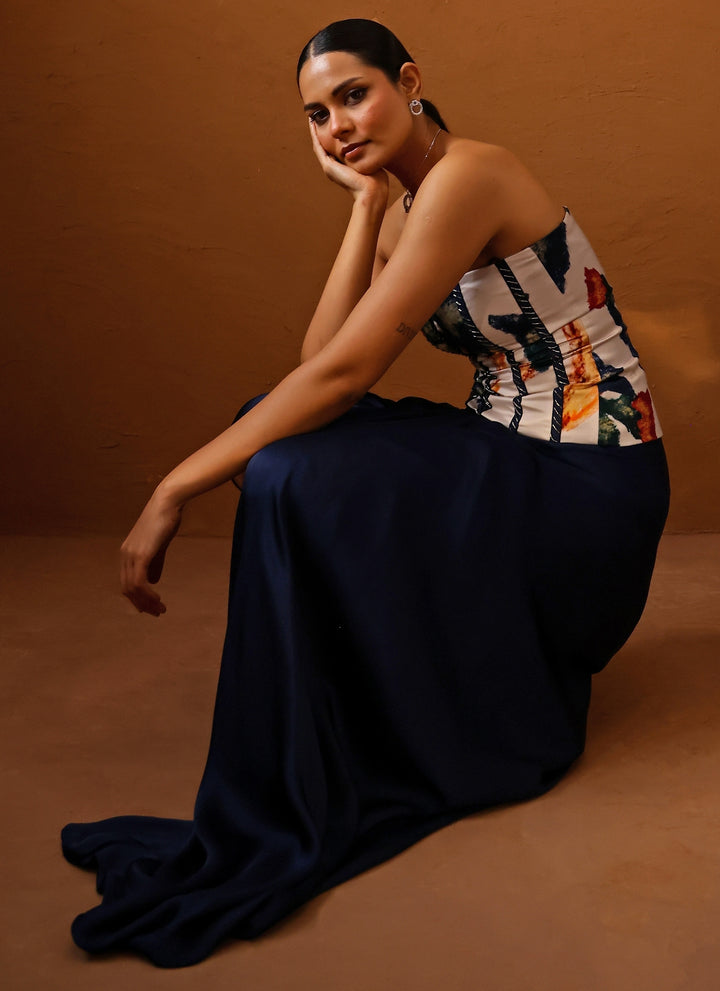 Ivory And Blue Satin Skirt Set With Corset