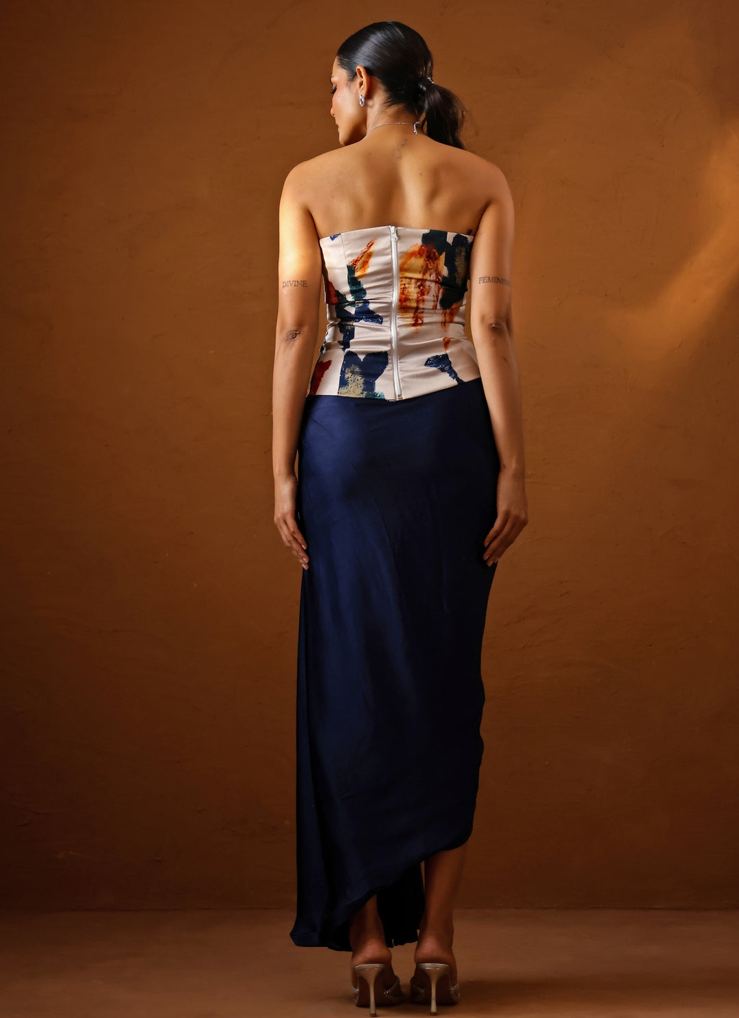Ivory And Blue Satin Skirt Set With Corset