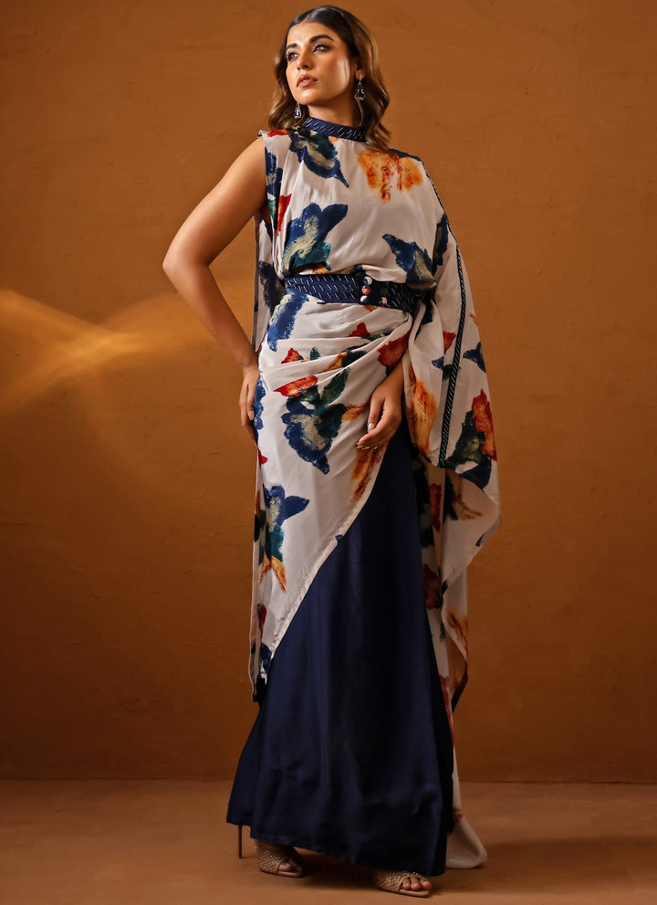 Ivory And Blue Crepe Pre-Draped Saree