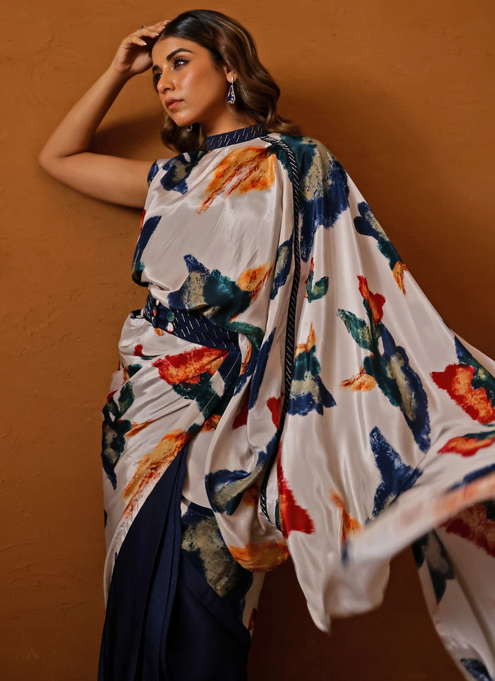Ivory And Blue Crepe Pre-Draped Saree