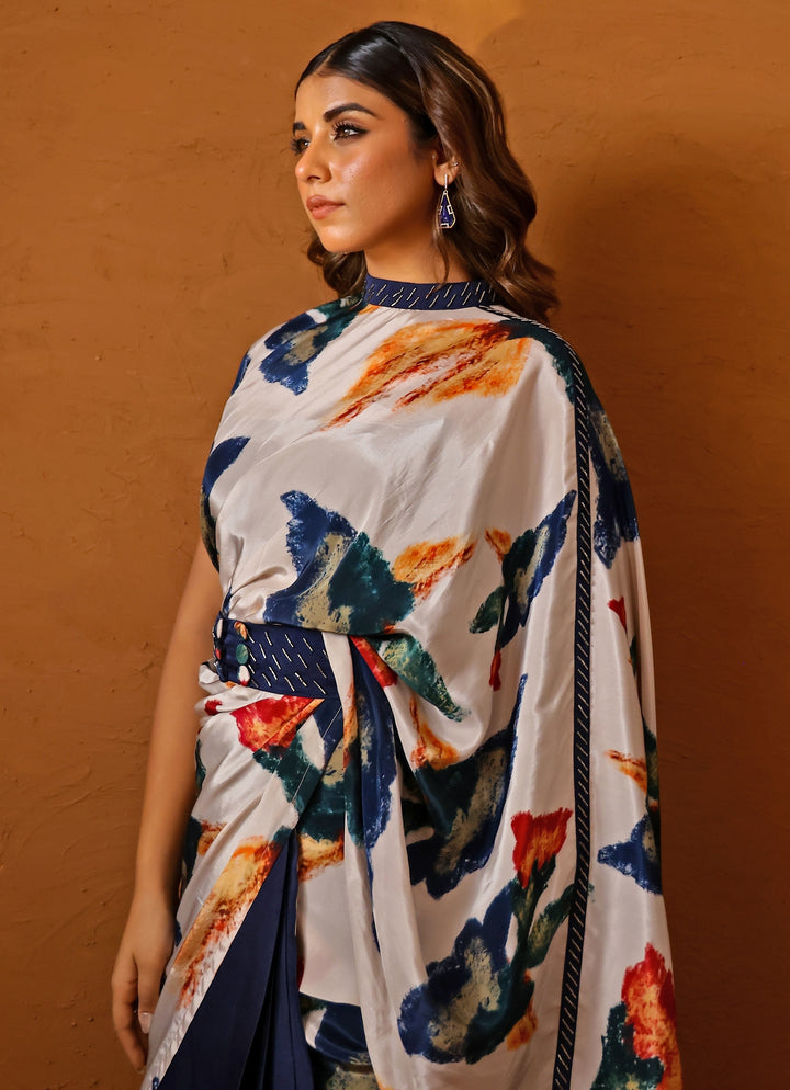 Ivory And Blue Crepe Pre-Draped Saree
