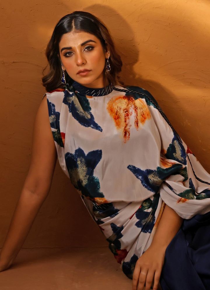 Ivory And Blue Crepe Pre-Draped Saree