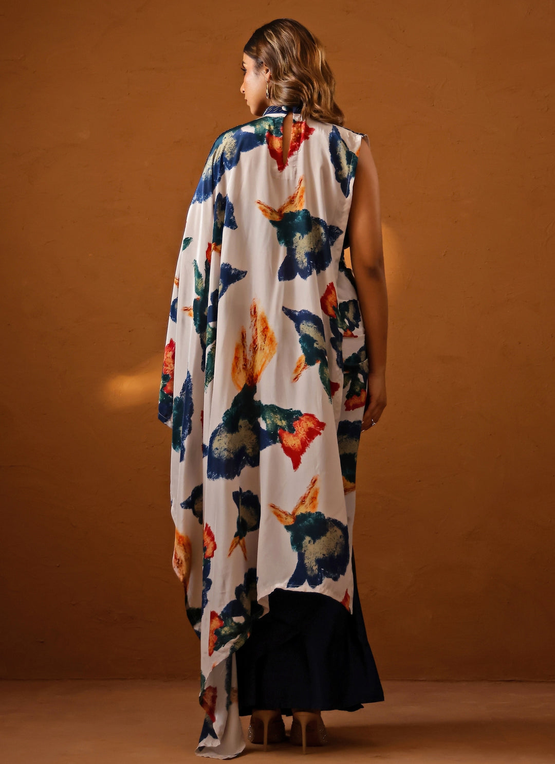 Ivory And Blue Crepe Pre-Draped Saree