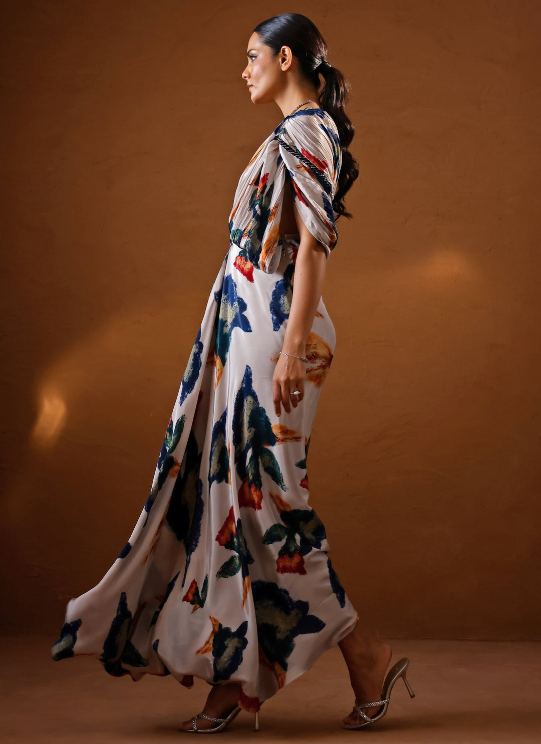 Ivory Printed Crepe Kaftan Gown