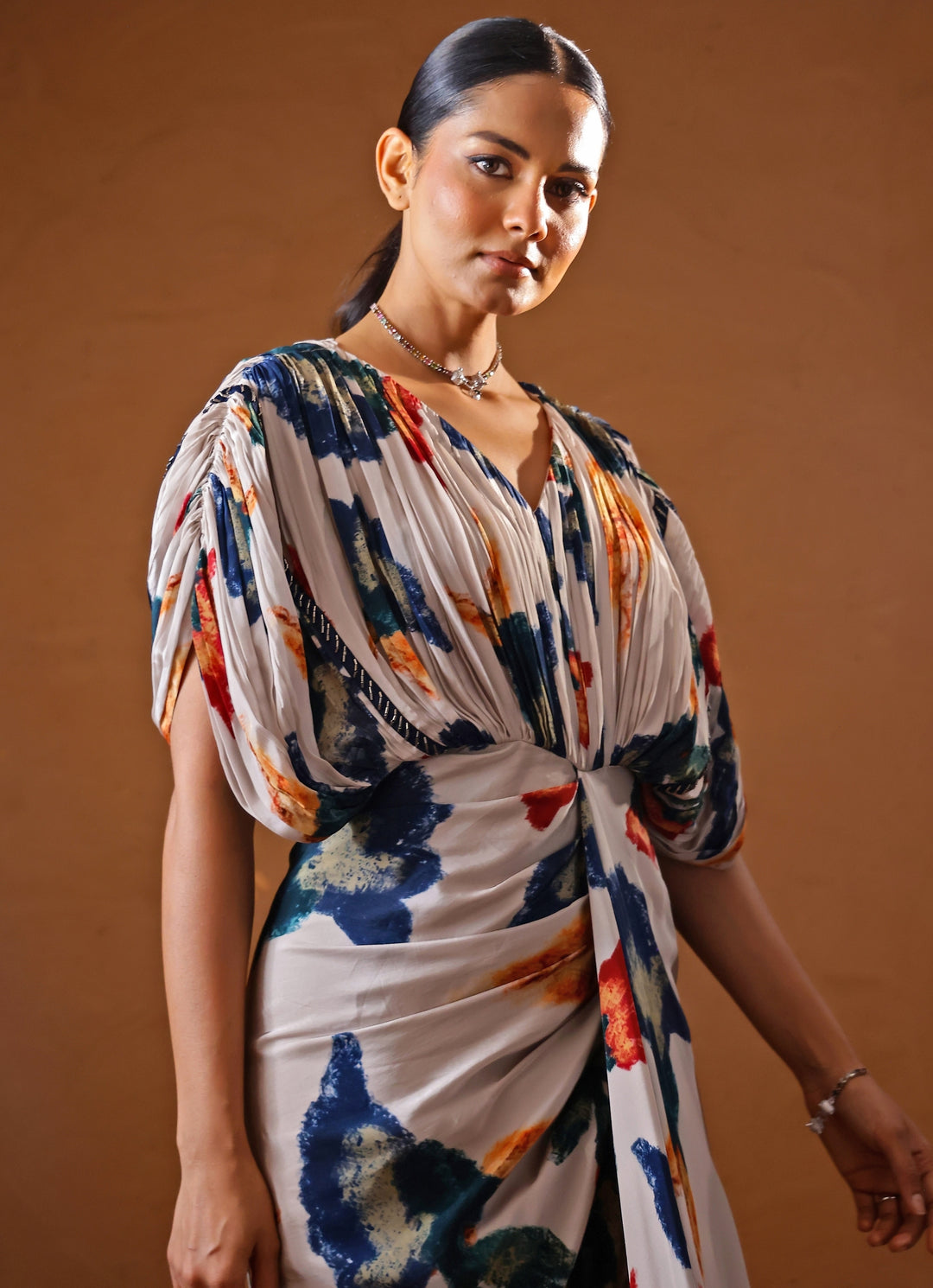 Ivory Printed Crepe Kaftan Gown
