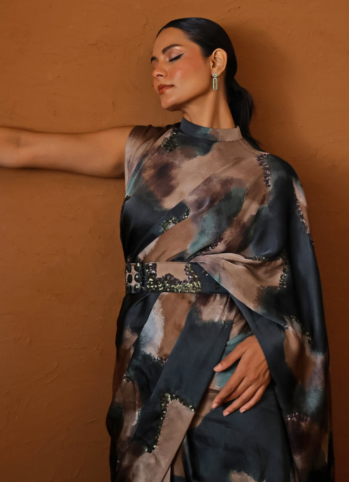 Deep Green Printed Georgette Satin Pre-Draped Saree