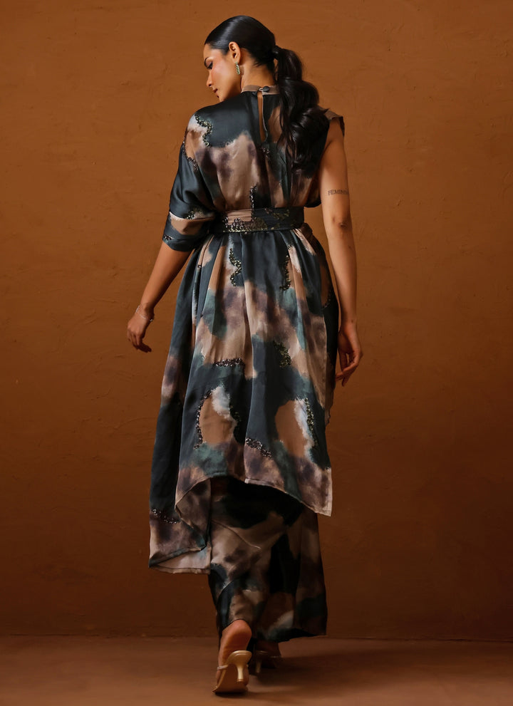 Deep Green Printed Georgette Satin Pre-Draped Saree