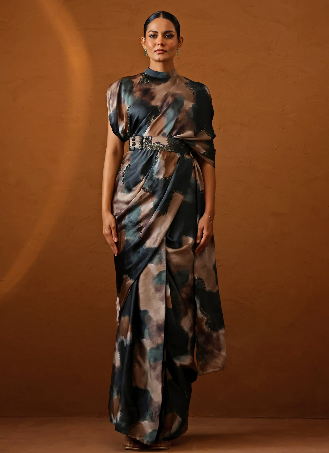 Deep Green Printed Georgette Satin Pre-Draped Saree