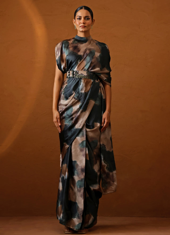 Deep Green Printed Georgette Satin Pre-Draped Saree