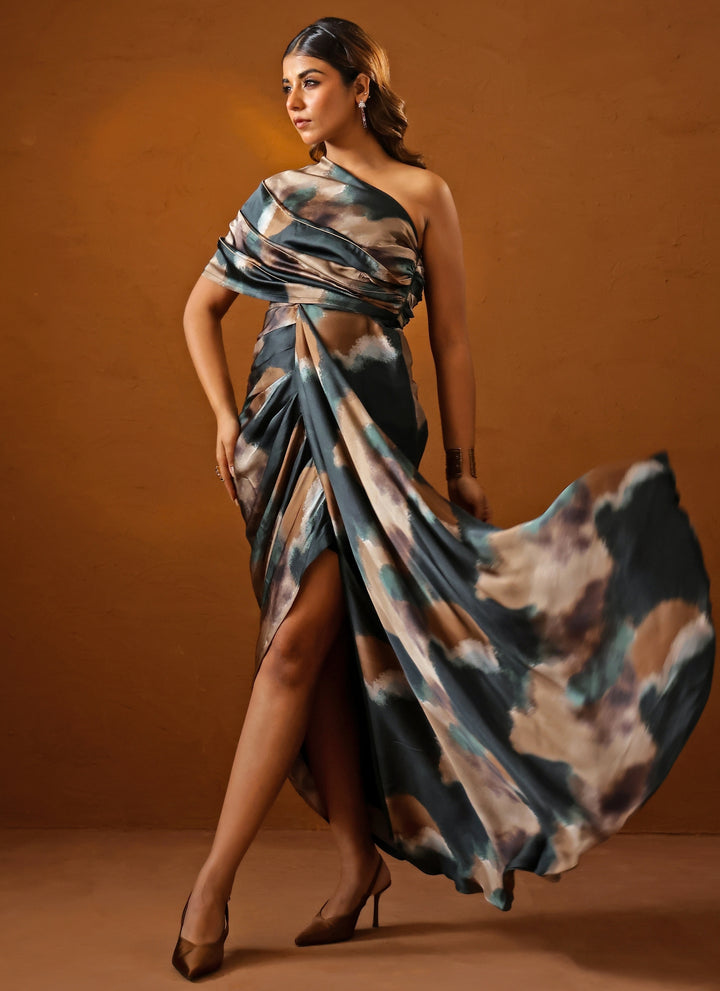 Deep Green Printed Georgette Satin One Shoulder Gown