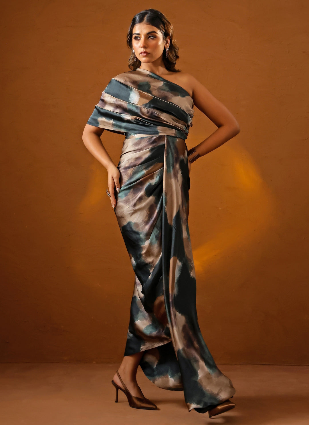 Deep Green Printed Georgette Satin One Shoulder Gown