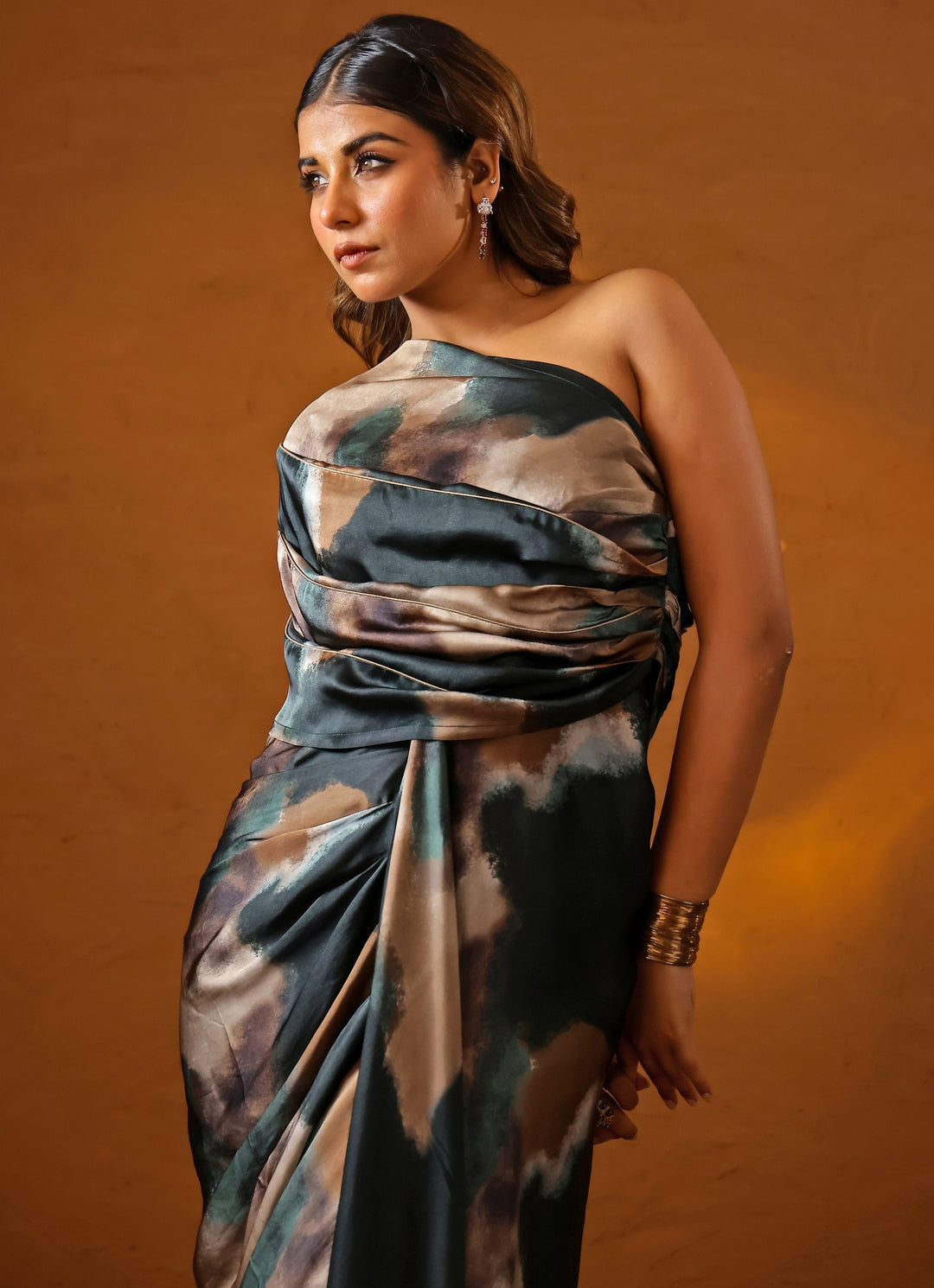 Deep Green Printed Georgette Satin One Shoulder Gown