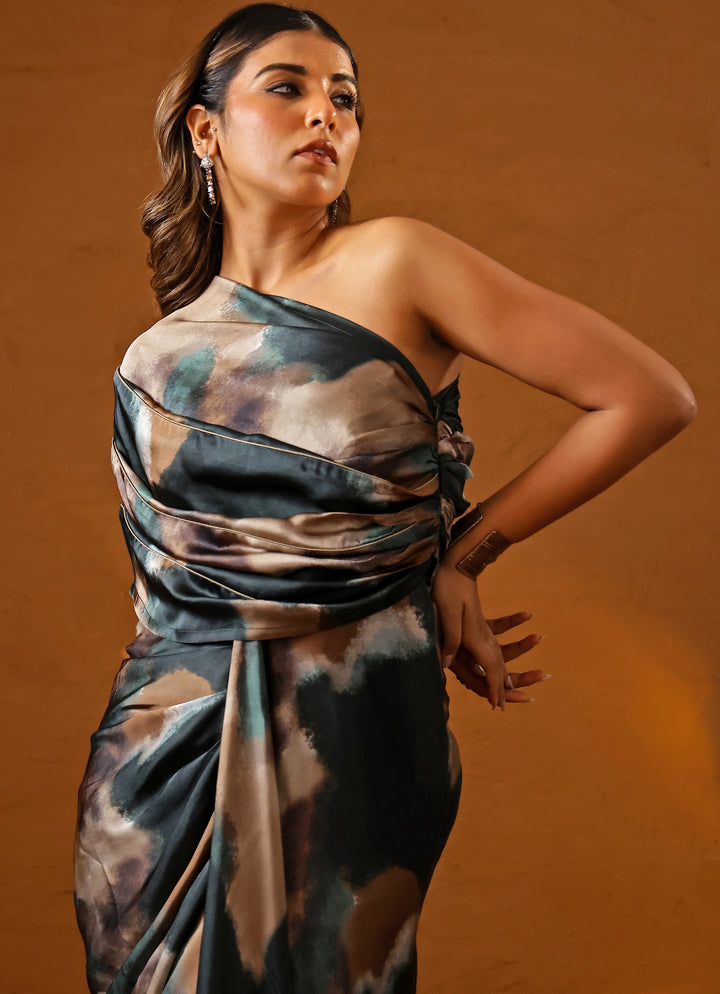 Deep Green Printed Georgette Satin One Shoulder Gown