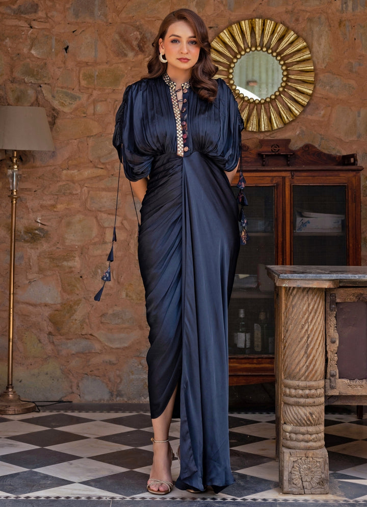 Midnight Blue Georgette Satin Kaftan Gown