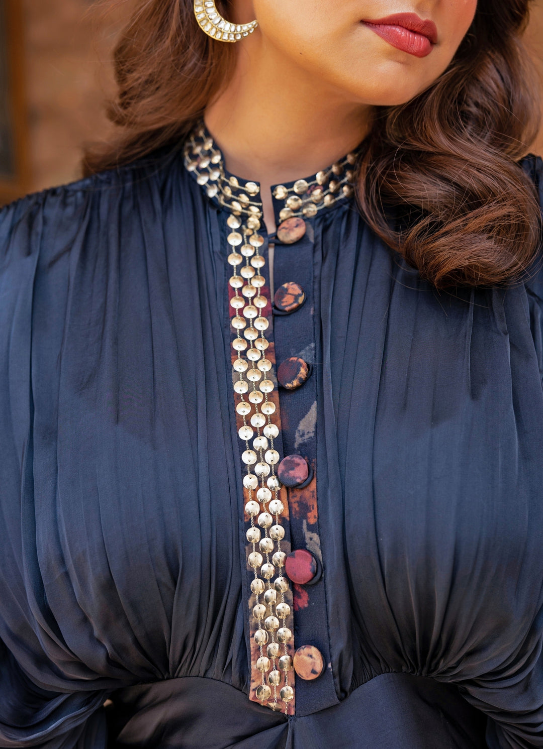 Midnight Blue Georgette Satin Kaftan Gown