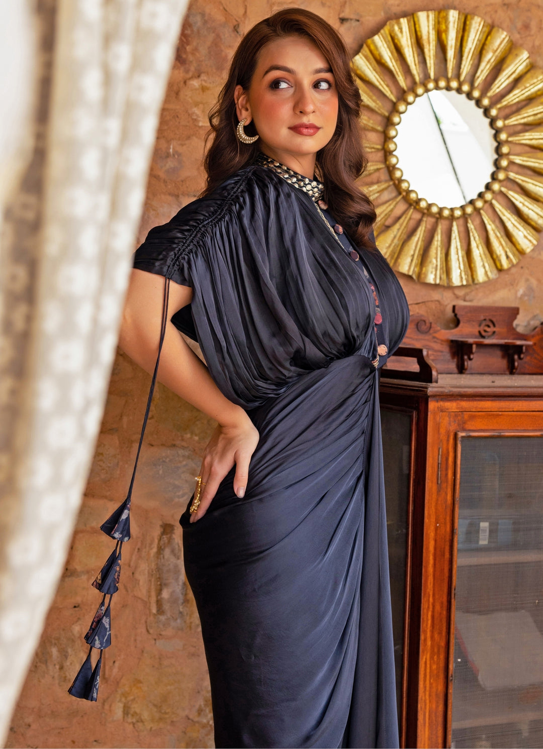 Midnight Blue Georgette Satin Kaftan Gown