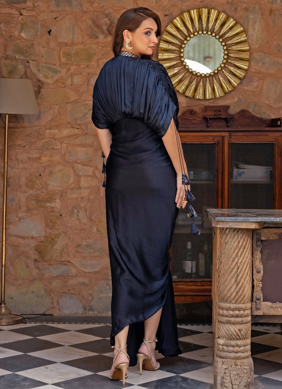 Midnight Blue Georgette Satin Kaftan Gown