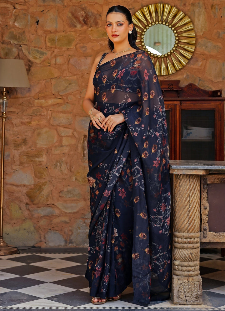 Midnight Blue Printed Organza Pre-Draped Saree