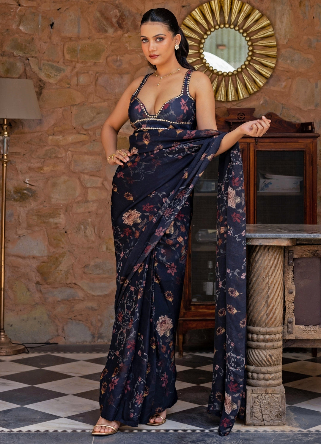 Midnight Blue Printed Organza Pre-Draped Saree
