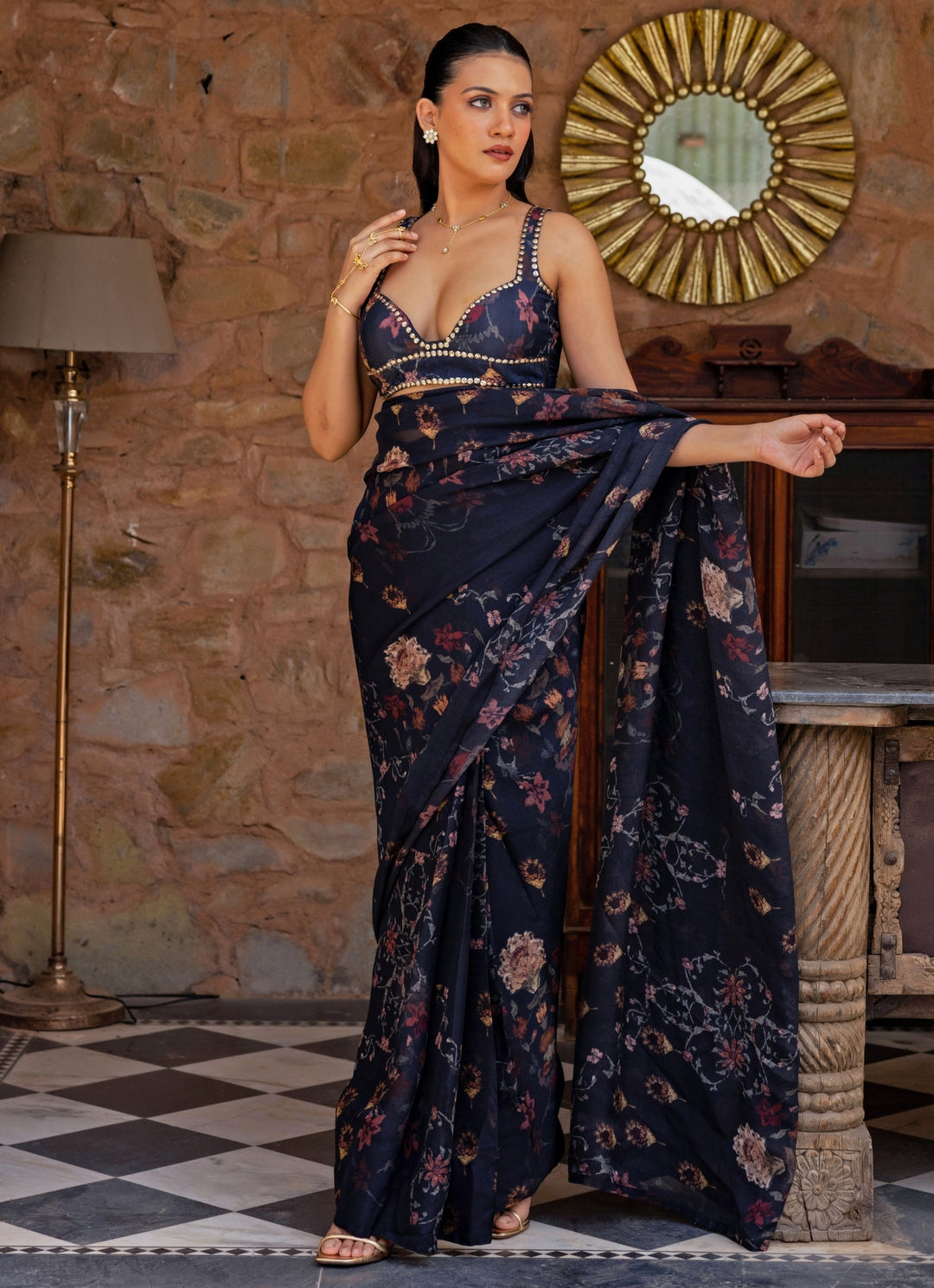 Midnight Blue Printed Organza Pre-Draped Saree