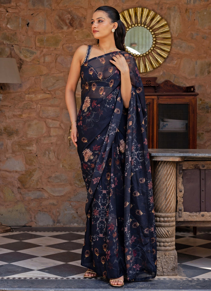 Midnight Blue Printed Organza Pre-Draped Saree