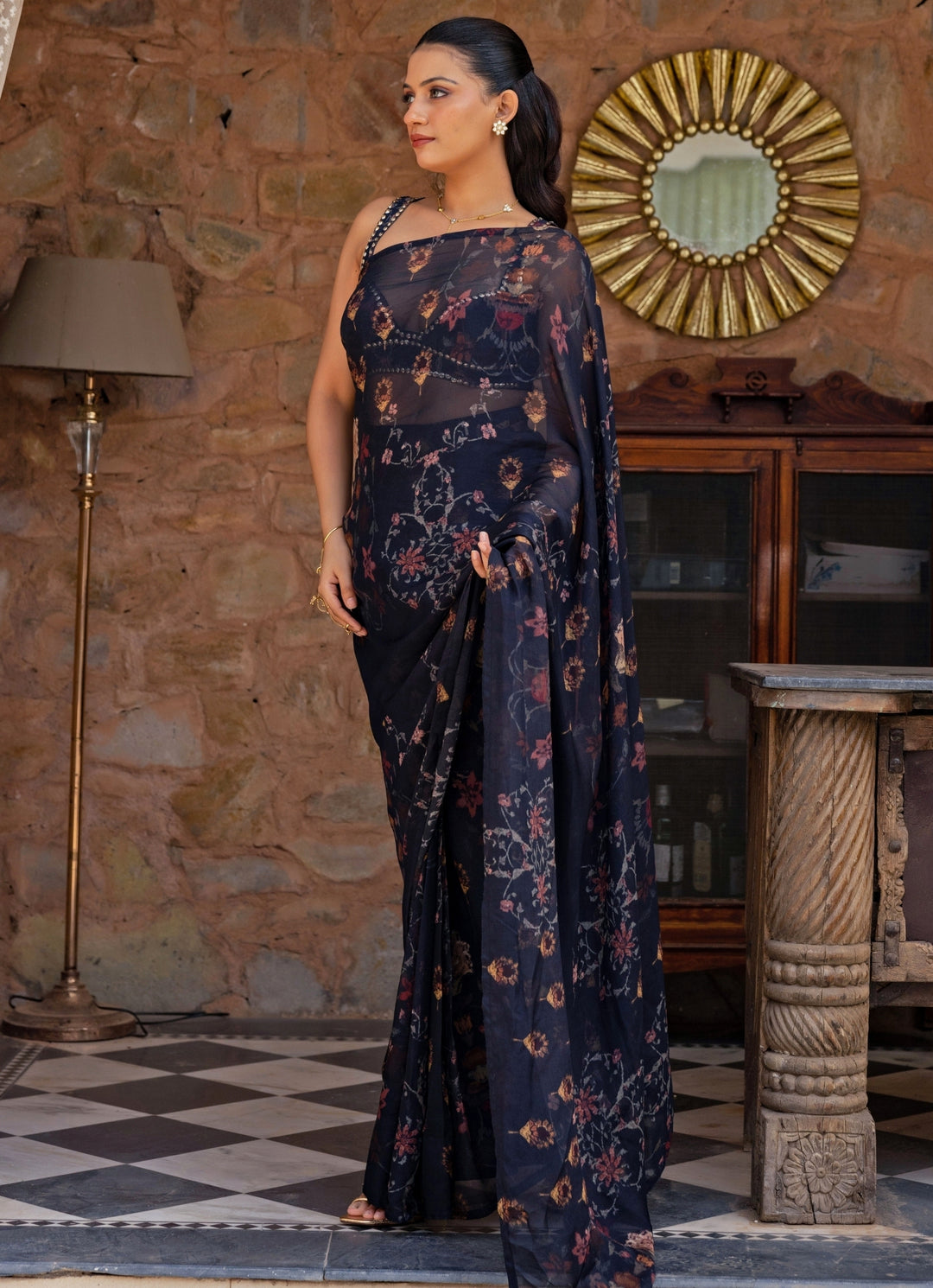 Midnight Blue Printed Organza Pre-Draped Saree