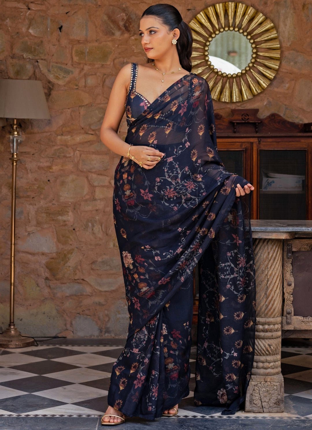 Midnight Blue Printed Organza Pre-Draped Saree