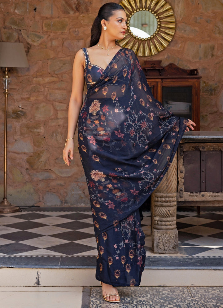 Midnight Blue Printed Organza Pre-Draped Saree