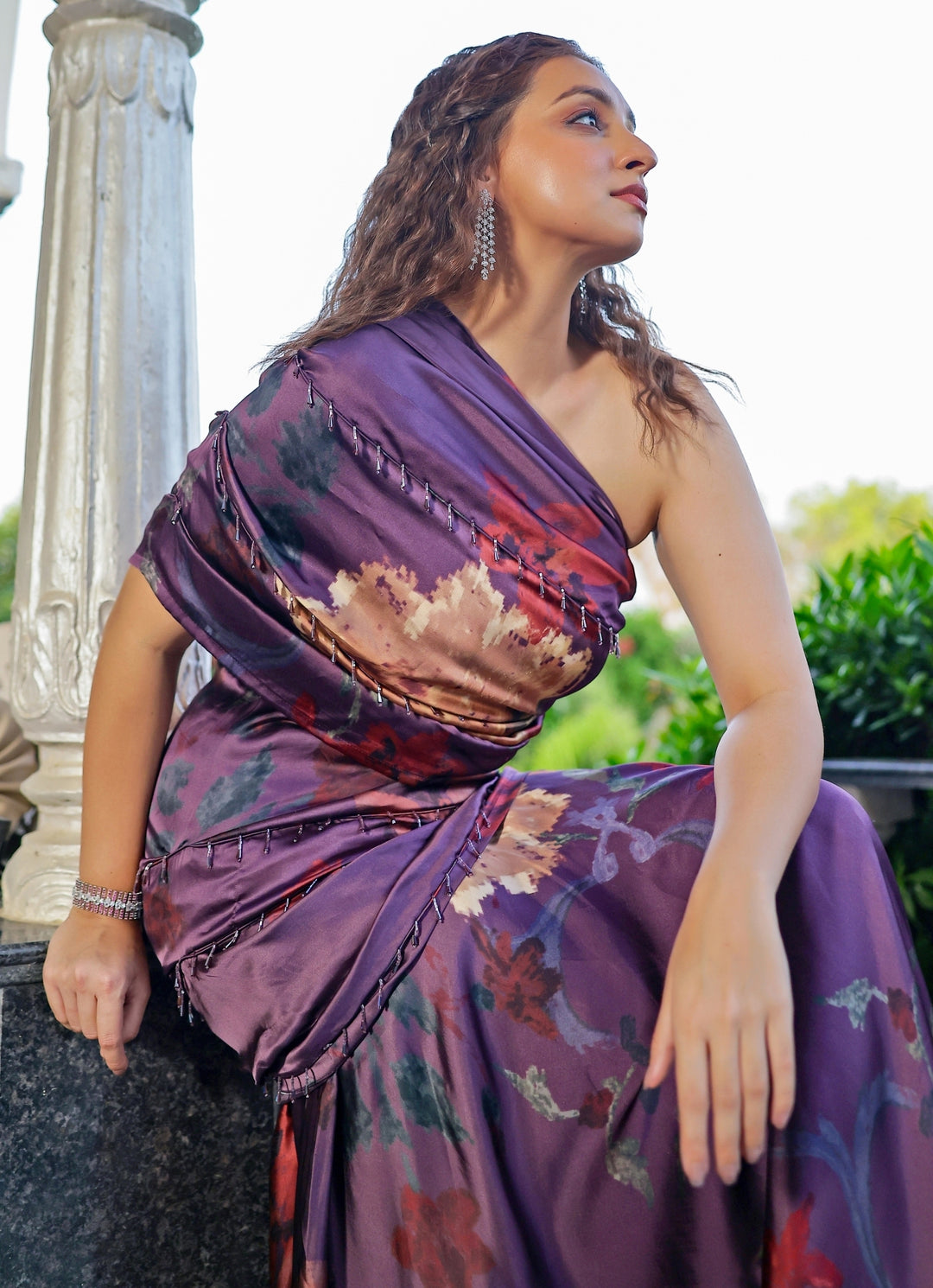 Purple Printed Georgette Satin Drape Lehenga Set