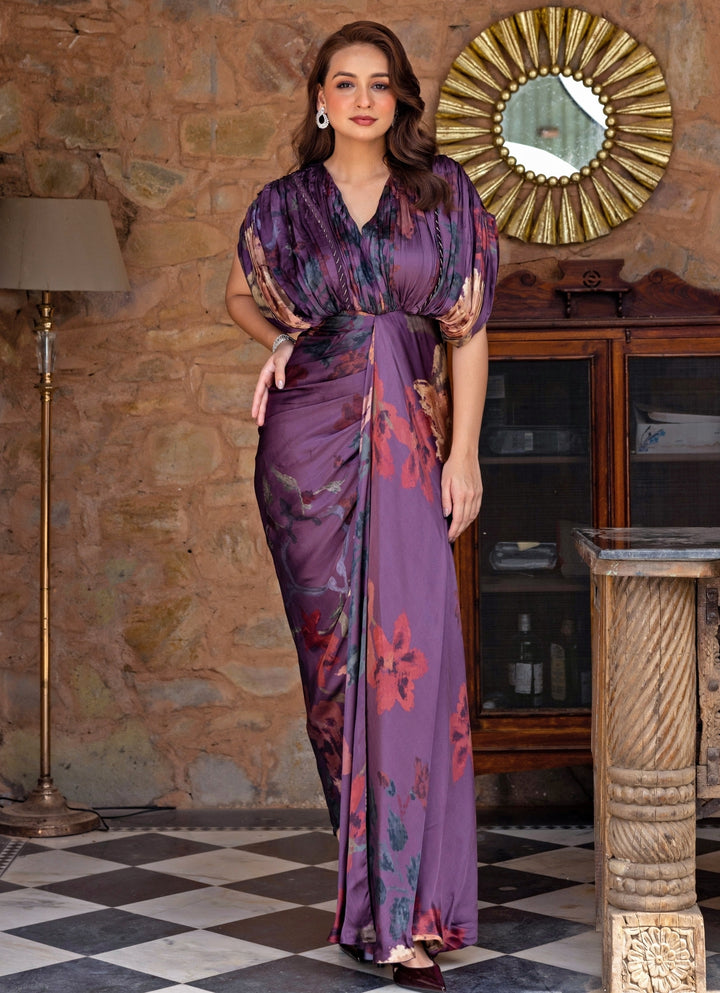 Purple Printed Georgette Satin Kaftan Gown