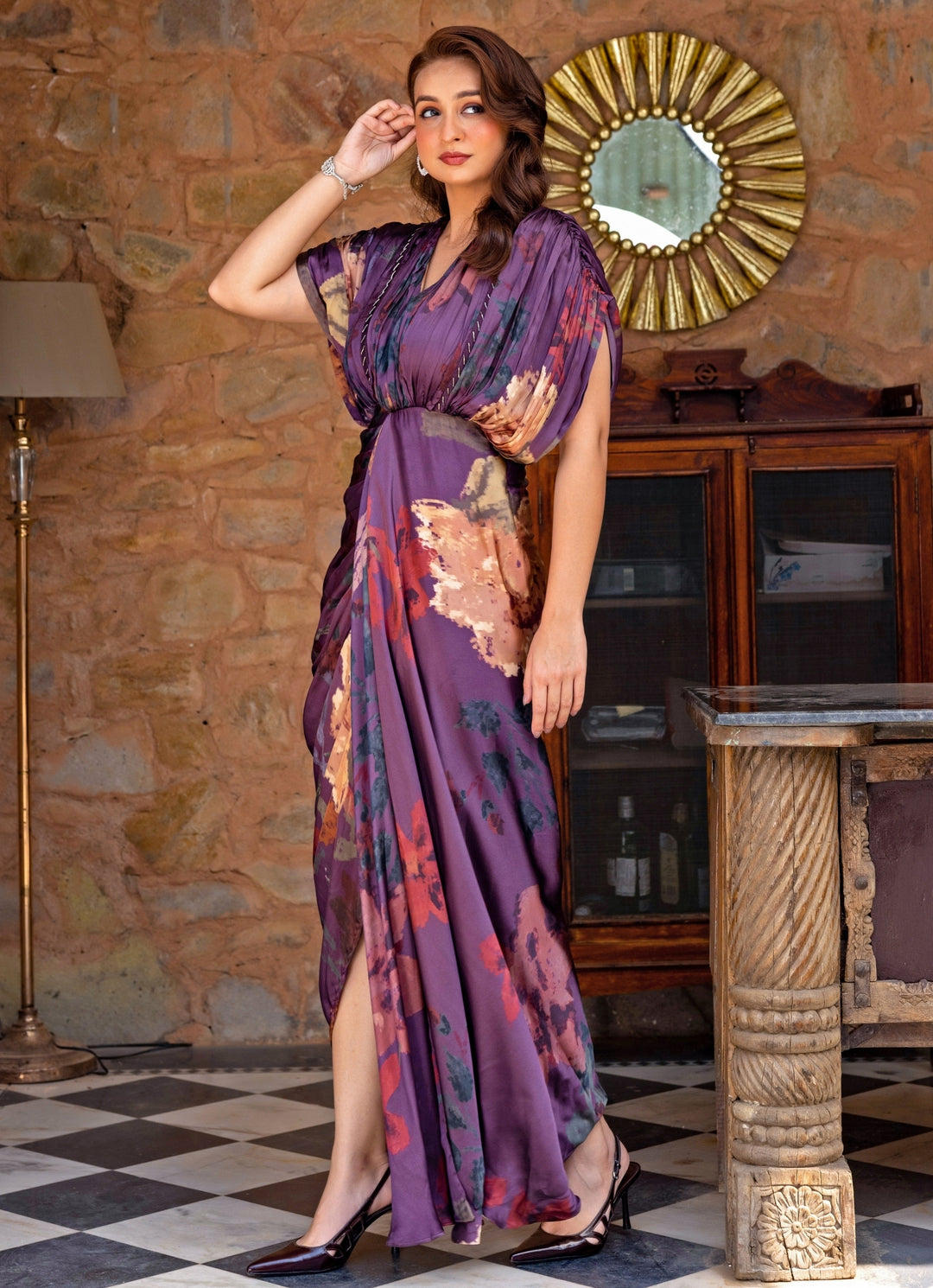 Purple Printed Georgette Satin Kaftan Gown