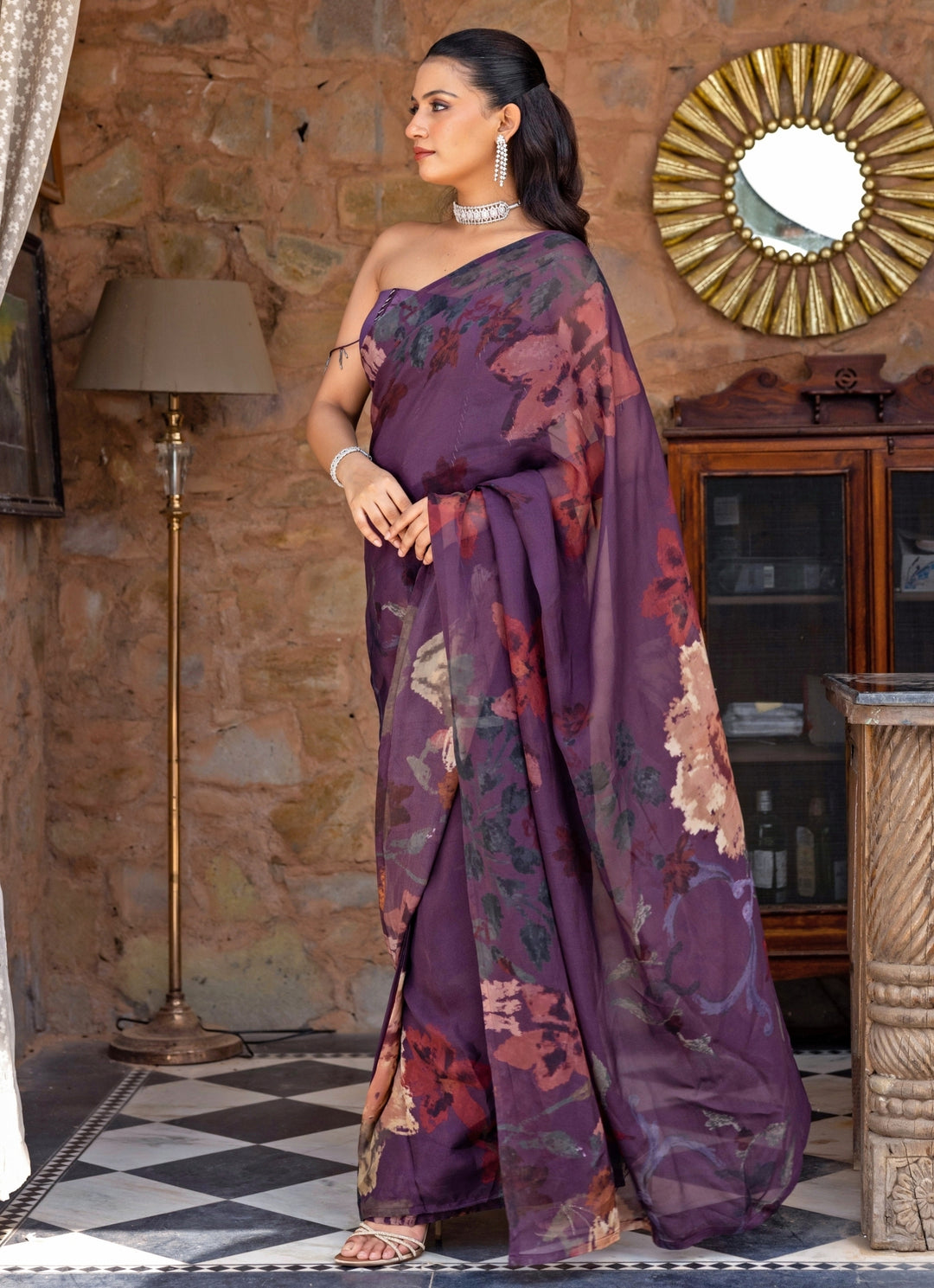 Purple Printed Organza Saree With Corset Blouse