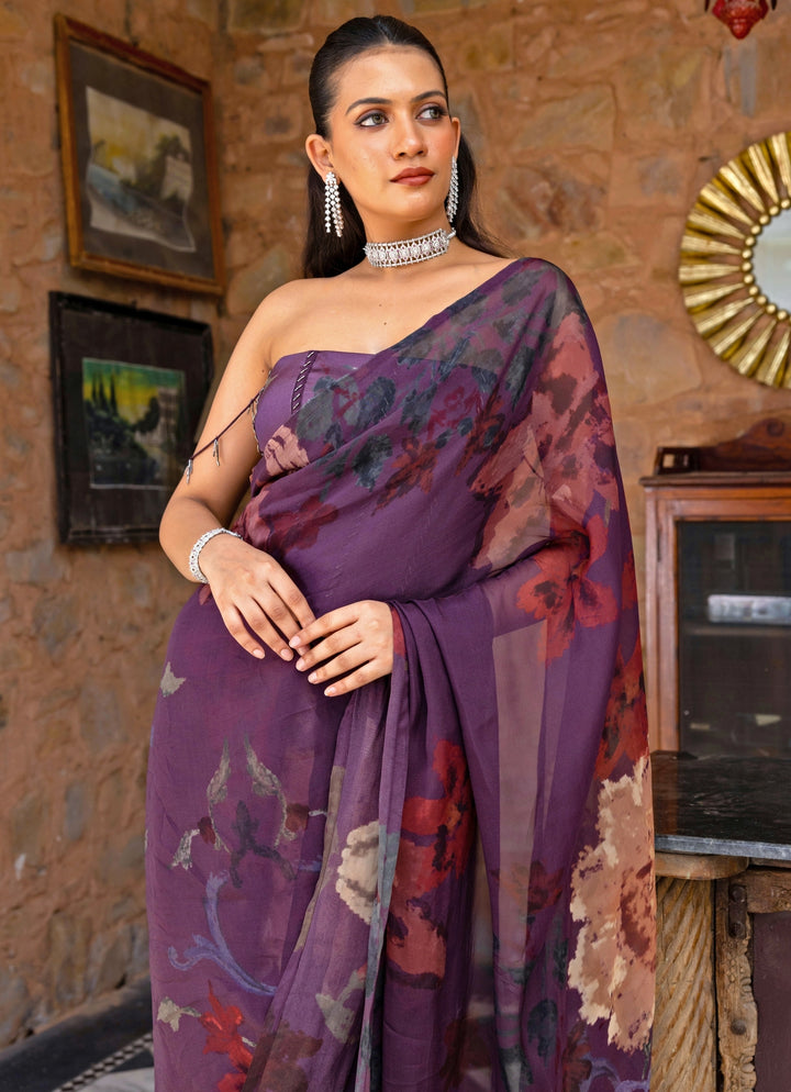 Purple Printed Organza Saree With Corset Blouse