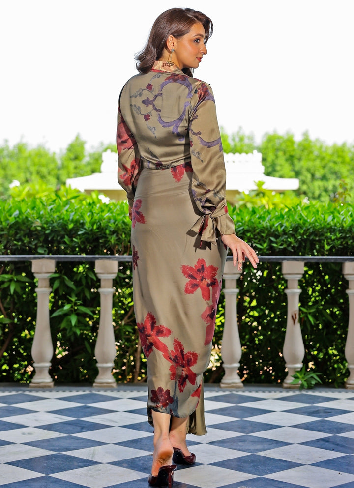 Dusty Green Georgette Satin Drape Skirt Set With Shirt