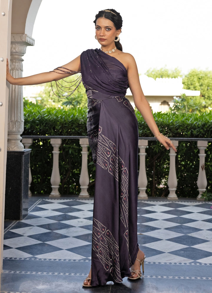 Deep Purple Georgette Satin One Shoulder Gown