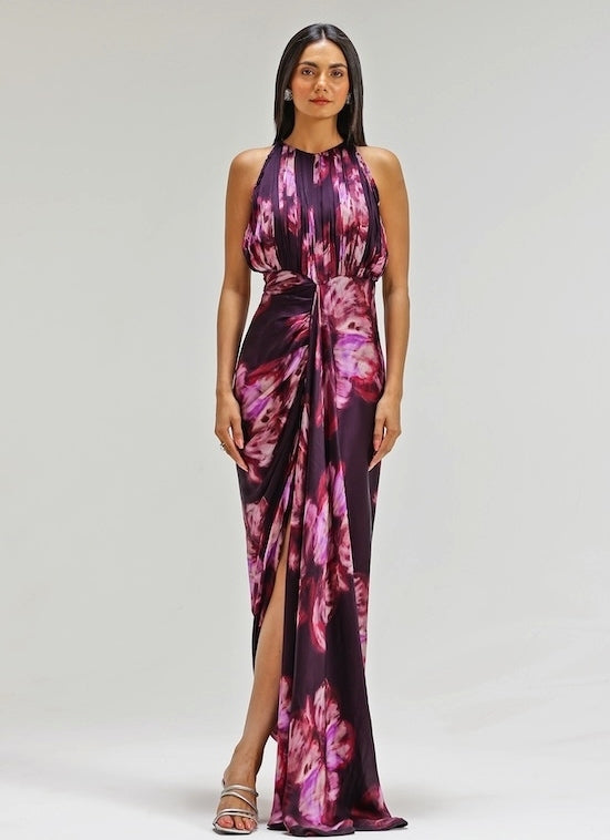 Plum Purple Printed Georgette Satin Gown