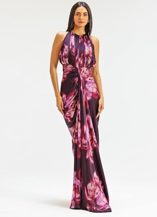 Plum Purple Printed Georgette Satin Gown