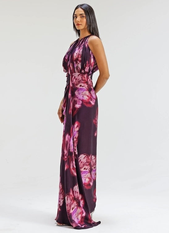 Plum Purple Printed Georgette Satin Gown