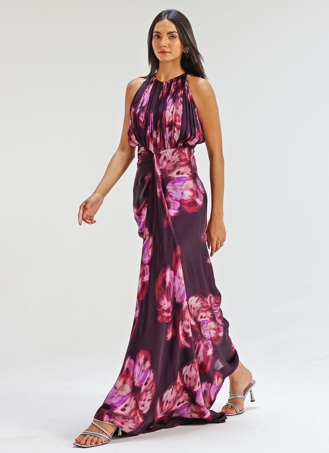 Plum Purple Printed Georgette Satin Gown