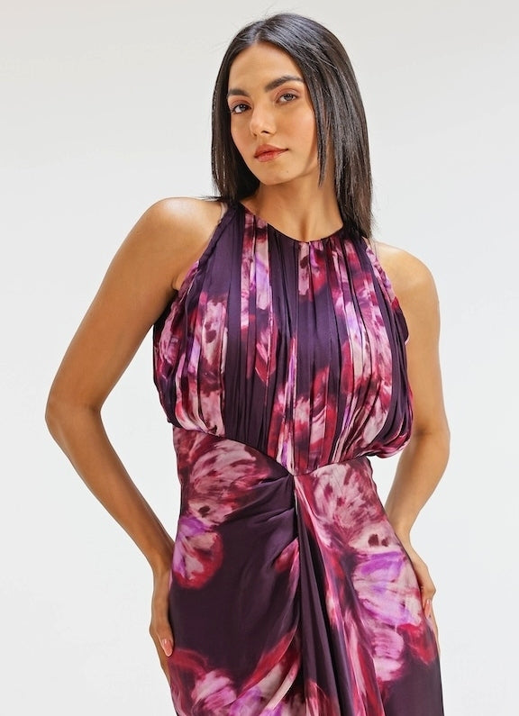 Plum Purple Printed Georgette Satin Gown