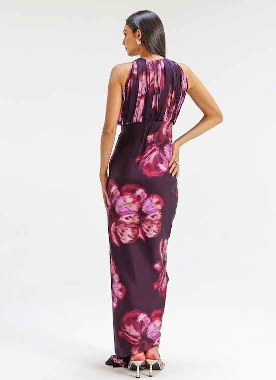 Plum Purple Printed Georgette Satin Gown