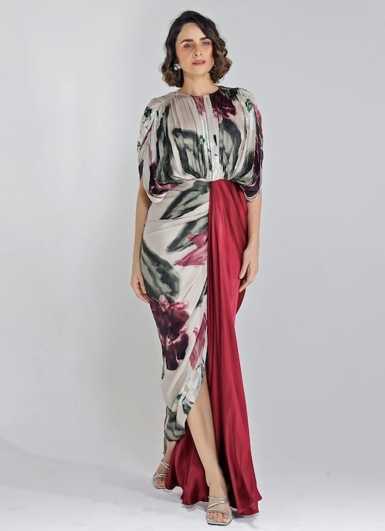 Champagne and Red Printed Georgette Satin Gown